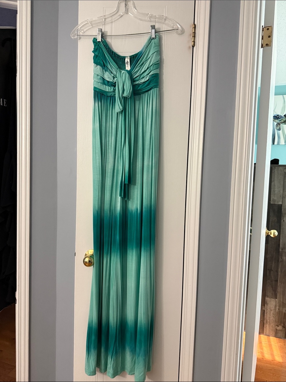 mahina Ombre Teal Strapless Maxi Dress